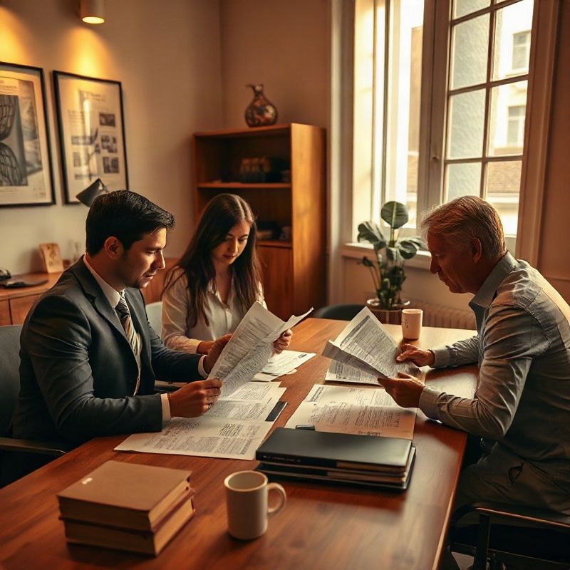 Pequeño equipo de redacción revisando informes económicos en una mesa de madera