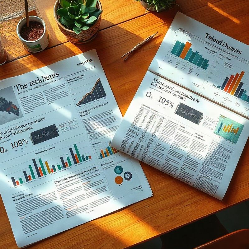 Periódicos económicos y gráficos impresos sobre un escritorio de tonos ámbar