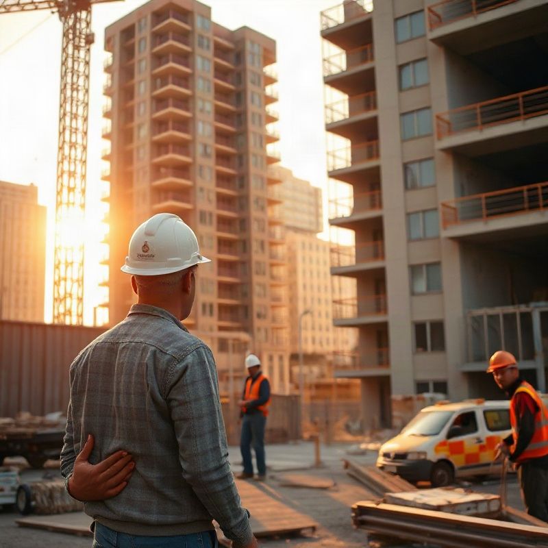 Trabajadores en una obra de construcción en Montevideo bajo luz cálida de la mañana